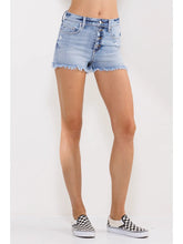 Load image into Gallery viewer, SneakPeek HighRise 90's Quad Button Frayed Hem Shorts in Light Wash