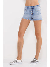 Load image into Gallery viewer, SneakPeek HighRise 90's Quad Button Frayed Hem Shorts in Light Wash