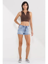 Load image into Gallery viewer, SneakPeek HighRise 90's Quad Button Frayed Hem Shorts in Light Wash