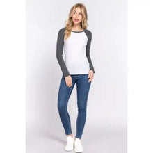 Load image into Gallery viewer, Gray and White Long Raglan Sleeve Color Block Thermal Knit Top
