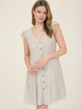 Load image into Gallery viewer, Khaki Stripe V Neck Button Down Tiered Mini Dress