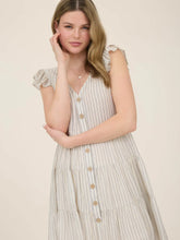 Load image into Gallery viewer, Khaki Stripe V Neck Button Down Tiered Mini Dress
