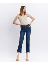 Load image into Gallery viewer, High Rise Dark Denim Distressed Hem Kick Flare Jeans