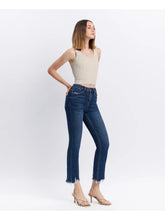 Load image into Gallery viewer, High Rise Dark Denim Distressed Hem Kick Flare Jeans
