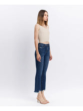 Load image into Gallery viewer, High Rise Dark Denim Distressed Hem Kick Flare Jeans