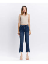 Load image into Gallery viewer, High Rise Dark Denim Distressed Hem Kick Flare Jeans