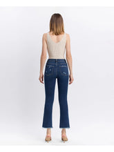 Load image into Gallery viewer, High Rise Dark Denim Distressed Hem Kick Flare Jeans