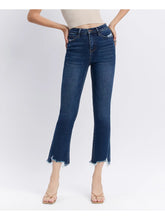 Load image into Gallery viewer, High Rise Dark Denim Distressed Hem Kick Flare Jeans
