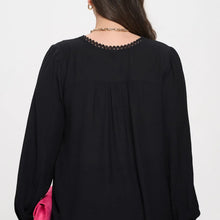 Load image into Gallery viewer, Women's Black Plus Split Neck Eyelet Trim Long Sleeve Knit Top