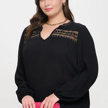 Load image into Gallery viewer, Women's Black Plus Split Neck Eyelet Trim Long Sleeve Knit Top
