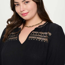 Load image into Gallery viewer, Women's Black Plus Split Neck Eyelet Trim Long Sleeve Knit Top