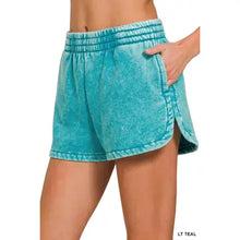 Load image into Gallery viewer, Light Teal Acid Wash Elastic Waistband Fleece Dolphin Shorts