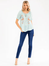 Load image into Gallery viewer, Women's Short Sleeve V-Neck Front Tie Embroidery Floral Blouse