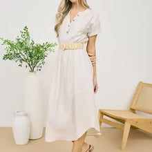 Load image into Gallery viewer, Oatmeal Half Button Short Sleeve Belted Midi Shirt Dress