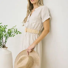 Load image into Gallery viewer, Oatmeal Half Button Short Sleeve Belted Midi Shirt Dress