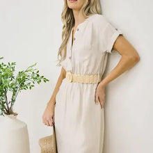 Load image into Gallery viewer, Oatmeal Half Button Short Sleeve Belted Midi Shirt Dress