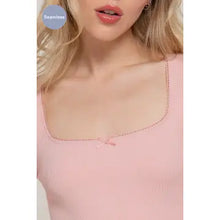 Load image into Gallery viewer, Pink Long Sleeve Wide Round Neck with Bow Seamless Top