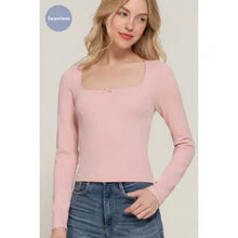 Load image into Gallery viewer, Pink Long Sleeve Wide Round Neck with Bow Seamless Top