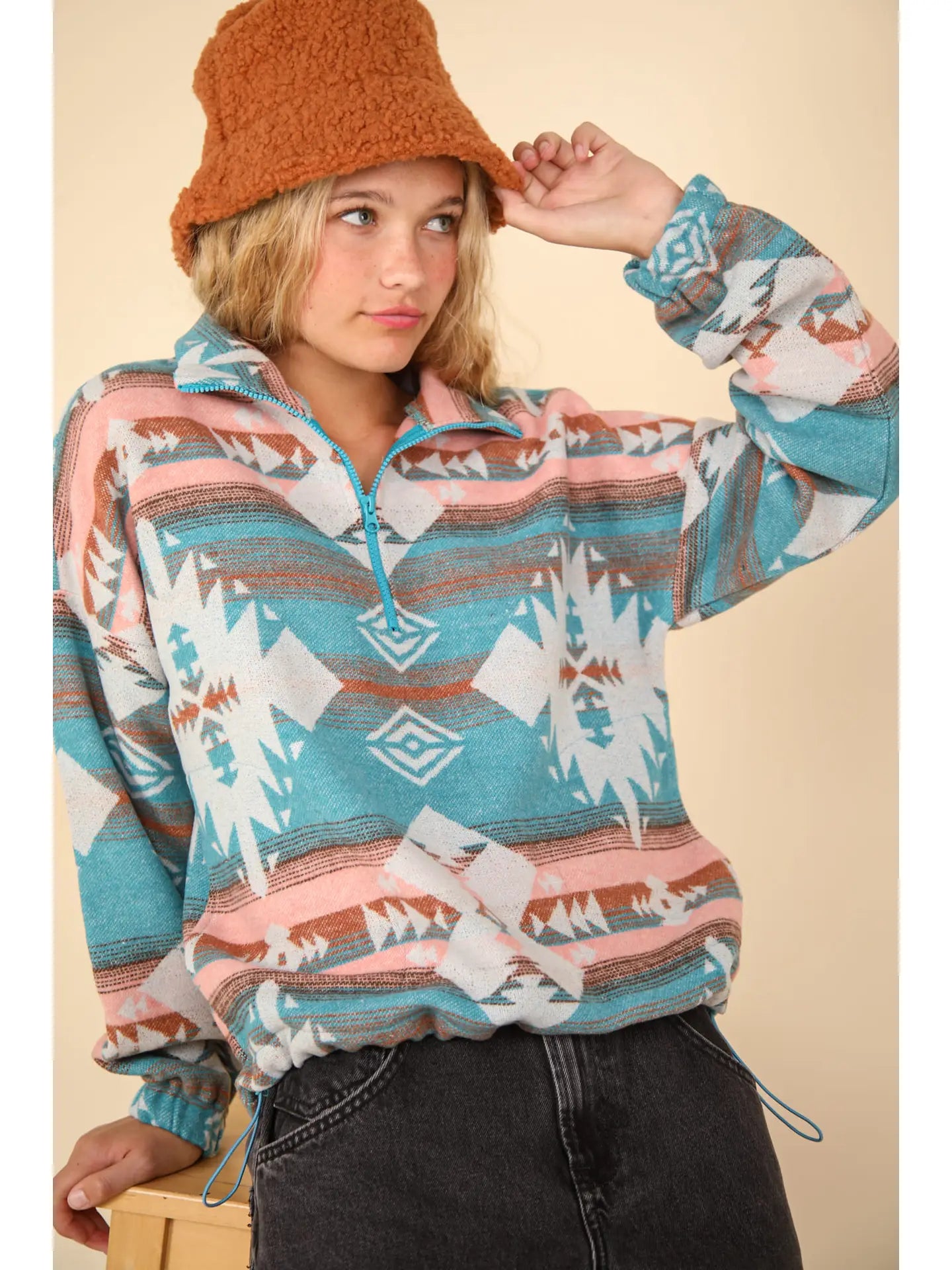 Teal Plus Size Aztec Printed Henley Woven Pullover Jacket