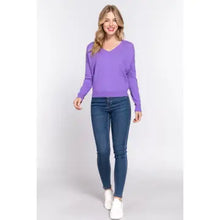 Load image into Gallery viewer, Purple Long Sleeve V-Neck Back Cross Strap Viscose Sweater - Athena's Fashion Boutique