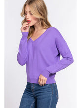 Load image into Gallery viewer, Purple Long Sleeve V-Neck Back Cross Strap Viscose Sweater - Athena's Fashion Boutique