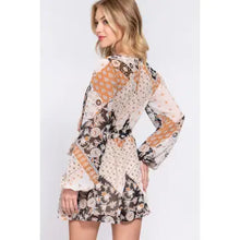 Load image into Gallery viewer, Black and Camel Long Sleeve V-Neck Surplice Belted Print Woven Romper