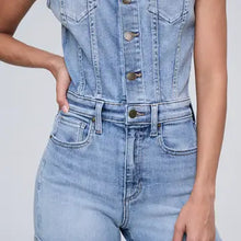 Load image into Gallery viewer, Women's Denim Stretch Sleeveless Button Romper with Cuff Hem