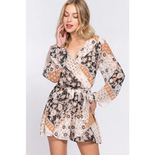 Load image into Gallery viewer, Black and Camel Long Sleeve V-Neck Surplice Belted Print Woven Romper