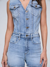 Load image into Gallery viewer, Women's Denim Stretch Sleeveless Button Romper with Cuff Hem