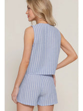 Load image into Gallery viewer, Blue and White V-Neck Front Tie Vest & Stripe Woven Short Pants Set
