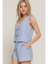 Load image into Gallery viewer, Blue and White V-Neck Front Tie Vest & Stripe Woven Short Pants Set