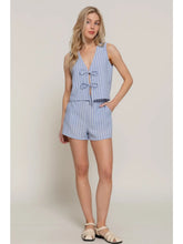 Load image into Gallery viewer, Blue and White V-Neck Front Tie Vest & Stripe Woven Short Pants Set