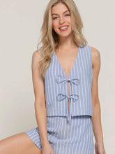 Load image into Gallery viewer, Blue and White V-Neck Front Tie Vest & Stripe Woven Short Pants Set