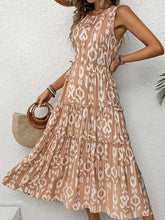 Load image into Gallery viewer, Brown and White Tiered Sleeveless Waist Baring Dress