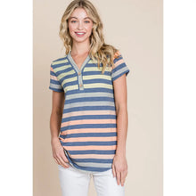 Load image into Gallery viewer, Women's Tshirt Button V-Neck Stripe Top