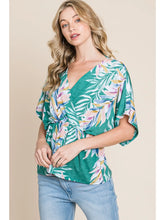 Load image into Gallery viewer, Green Summery Tropical Plants Wrap Blouse