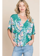 Load image into Gallery viewer, Green Summery Tropical Plants Wrap Blouse