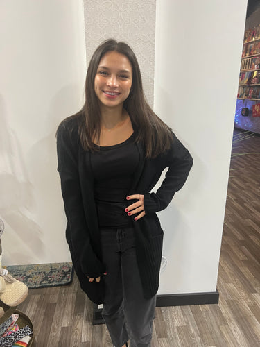 Black Long Sleeve Open Front with Pocket Sweater Cardigan - Athena's Fashion Boutique