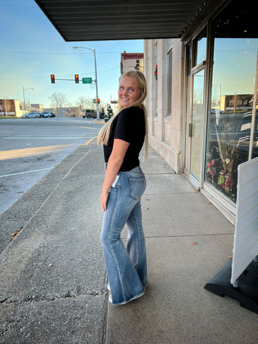 SneakPeek Vintage High Rise Flare Jeans Denim with Frayed Hem - Athena's Fashion Boutique