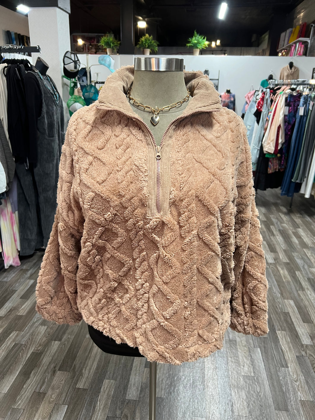 Mocha Plus Fuzzy Fleece Cozy Cable Pattern Henley Top