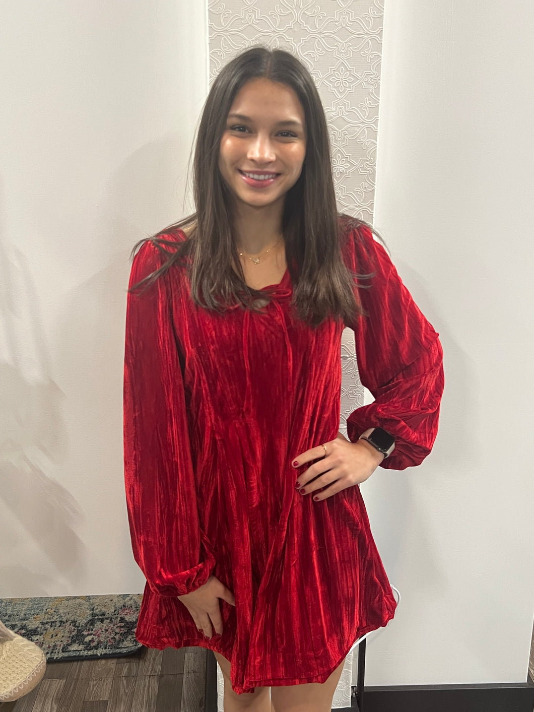 Red Front Ribbon Velvet Holiday Mini Flare Dress Red Front Ribbon Velvet Holiday Mini Flare Dress