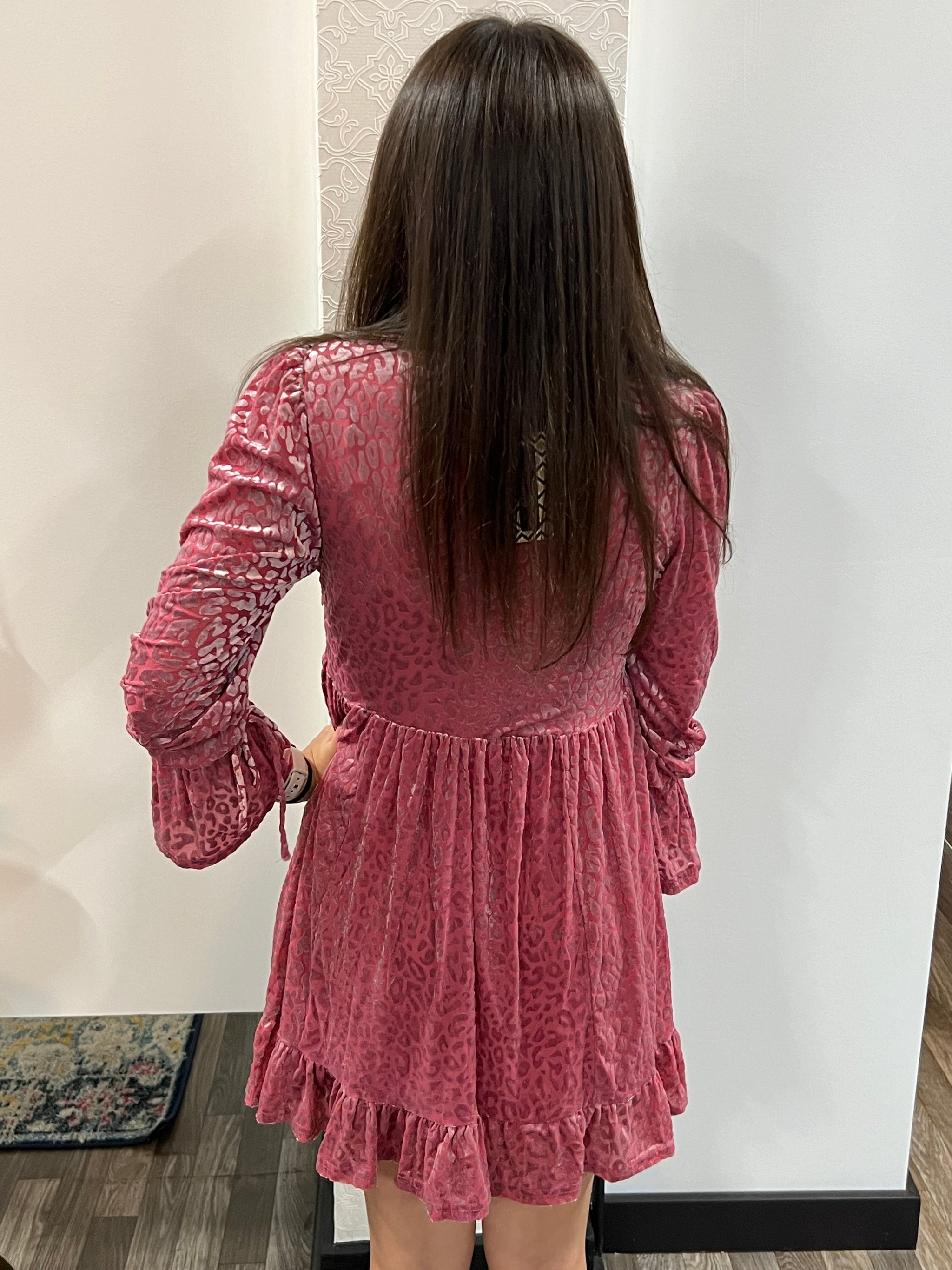 pink leopard print mini dress Pink Leopard Velvet Ruffled Holiday Mini Dress – Athena's Fashion Boutique
