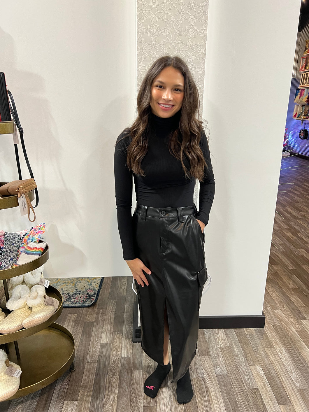 Black Faux Leather Midi Cargo Skirt