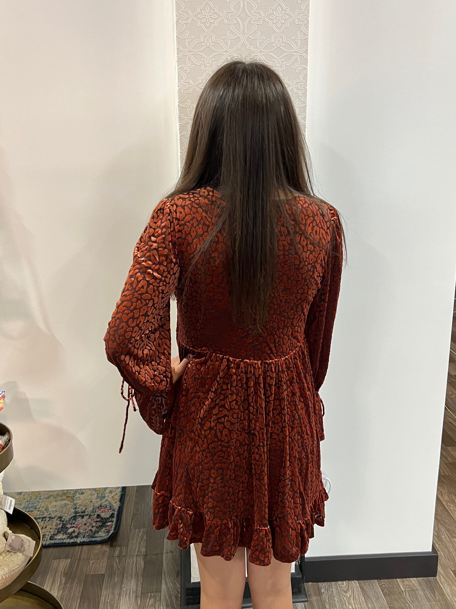 velvet holiday mini dress Rust Leopard Velvet Ruffled Holiday Mini Dress – Athena's Fashion Boutique