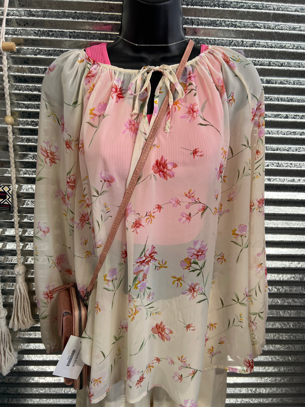 Long Sleeve Sheer Floral Drawstring Blouse