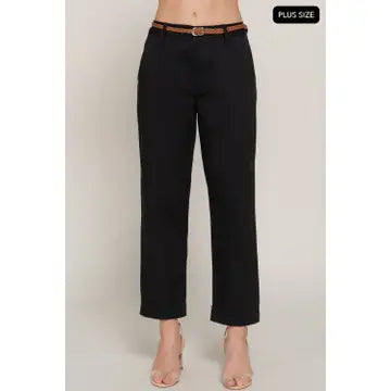 Black Plus Size Chino Pants with Braided Belt