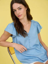 Load image into Gallery viewer, Chambray Women&#39;s V Neck Half Button Ruffle Sleeve Top
