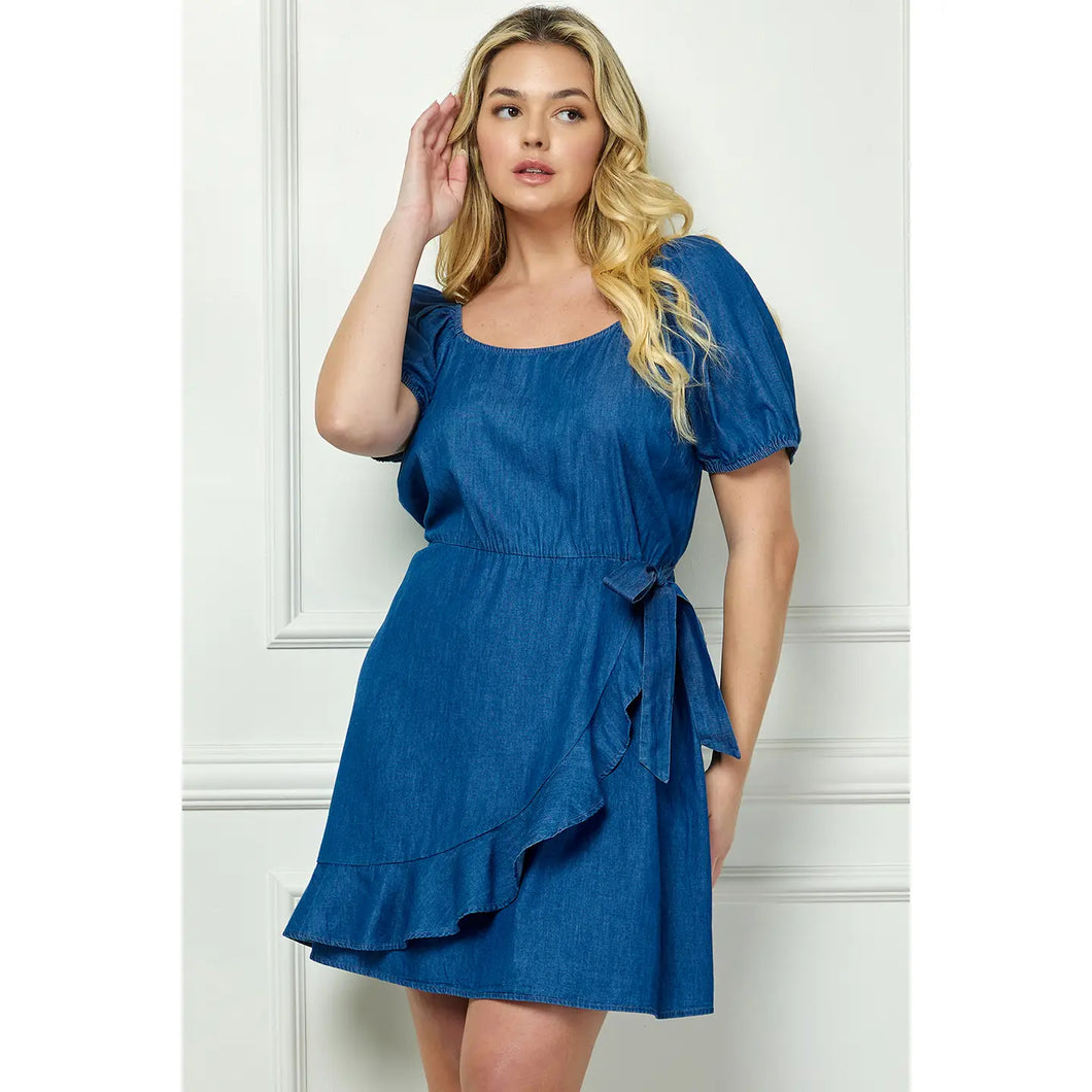 Plus Size Square Neck Wrap Bubble Sleeve Dress