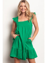 Load image into Gallery viewer, Green Ruffled Solid Linen Backless Mini Dress with Pockets
