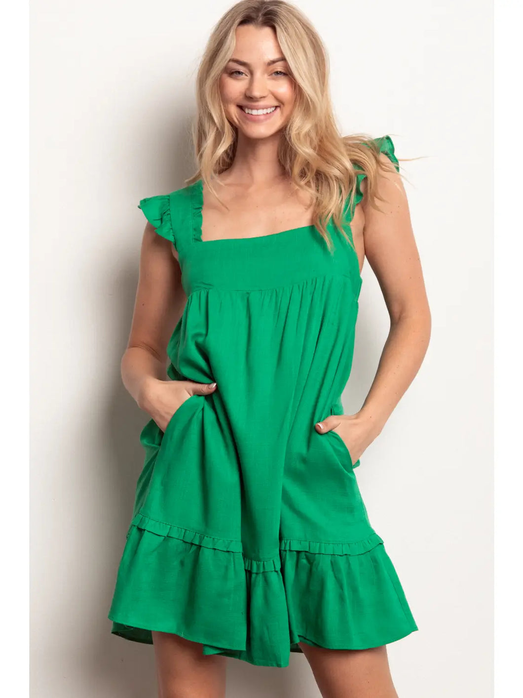 Green Ruffled Solid Linen Backless Mini Dress with Pockets